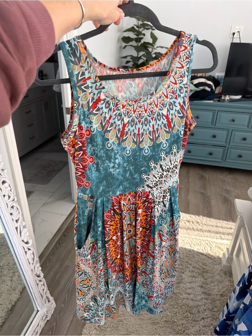Boho Mandala Print Sleeveless Dress in Teal & Red